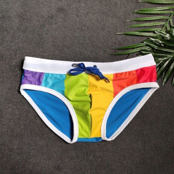 Men's Padded Rainbow Swim Briefs Enhancing Push-Up Cup Size Small - Picture 6 of 14
